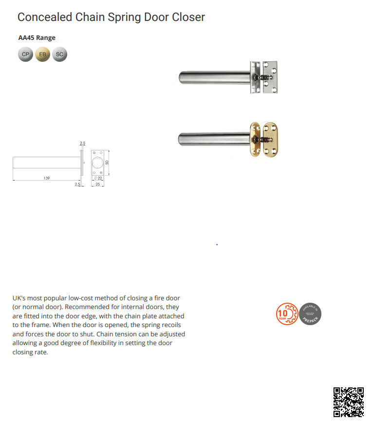 Eurospec AA45 Concealed Chain Door Closer FD30