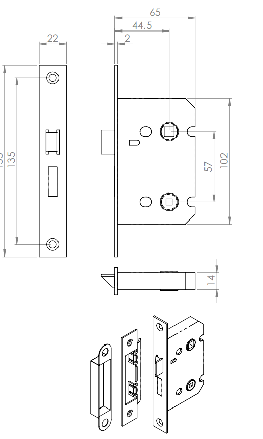 Eurospec BAE5025/R Easi T Bathroom Lock 64mm Polished Nickel Rounded Forend CE Certified