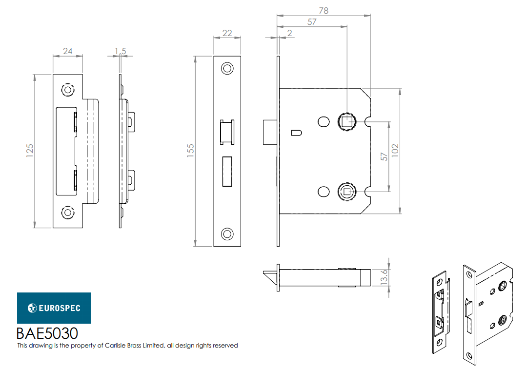 Eurospec BAE5030 Easi T Bathroom Lock 76mm Square Forend CE Certified