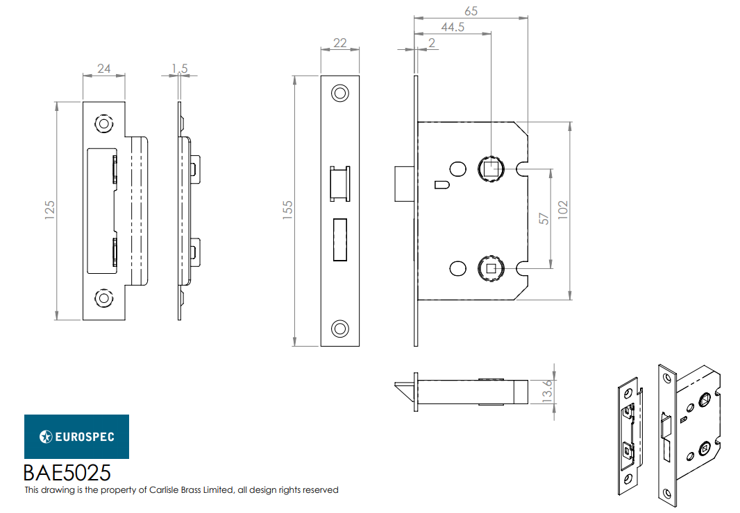 Eurospec BAE5025 Easi T Bathroom Lock 64mm Square Forend CE Certified - Finishes Range