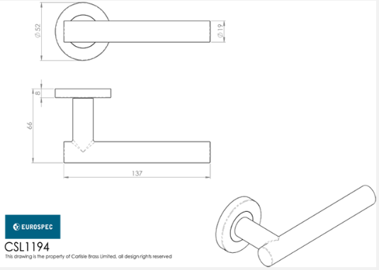 Eurospec Steelworx CSL1194 Straight T Grade304 Stainless Steel Lever On Rose