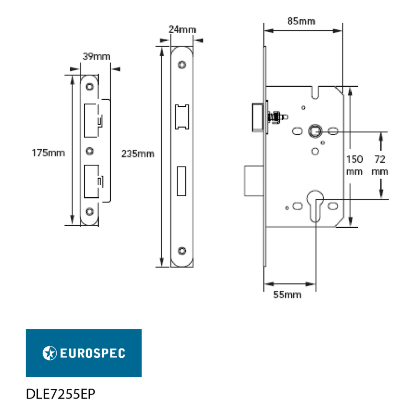 Eurospec DLE7255 55mm DIN Euro Sashlock Case Square Forend CE Certified