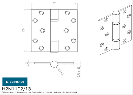 Eurospec H2N1103/13 Thrust Bearing Hinge 100x76x3mm Grade 13 Maintenance Free