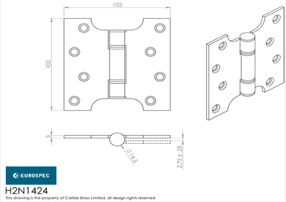 Eurospec H2N1424/13 Grade 13 Parliament Hinge 102x102x3mm