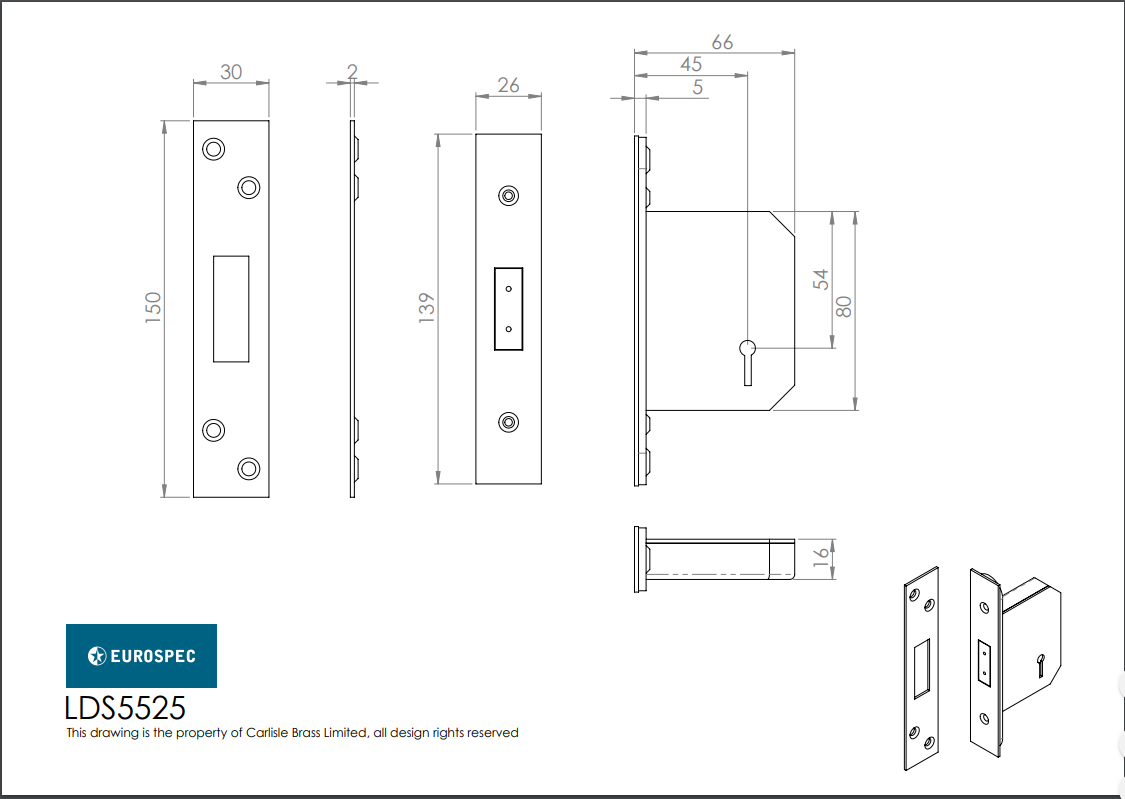 Eurospec LDS5525 Easi T 5 Lever Security Deadlock 64mm