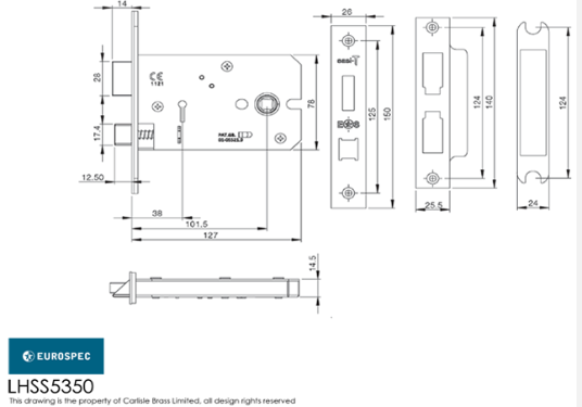 Eurospec LHS5050 Easi T 3 Lever Horizontal Sashlock 127mm CE Certified