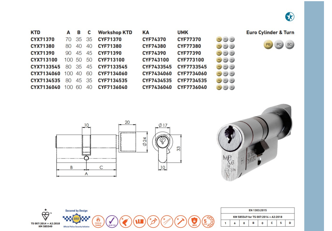 Eurospec MPX6 6 Pin Anti Snap Security Cylinder Satin Chrome Key & Turn