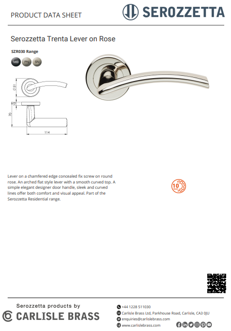 Carlisle Serozetta SZR030 Trenta Lever On Rose