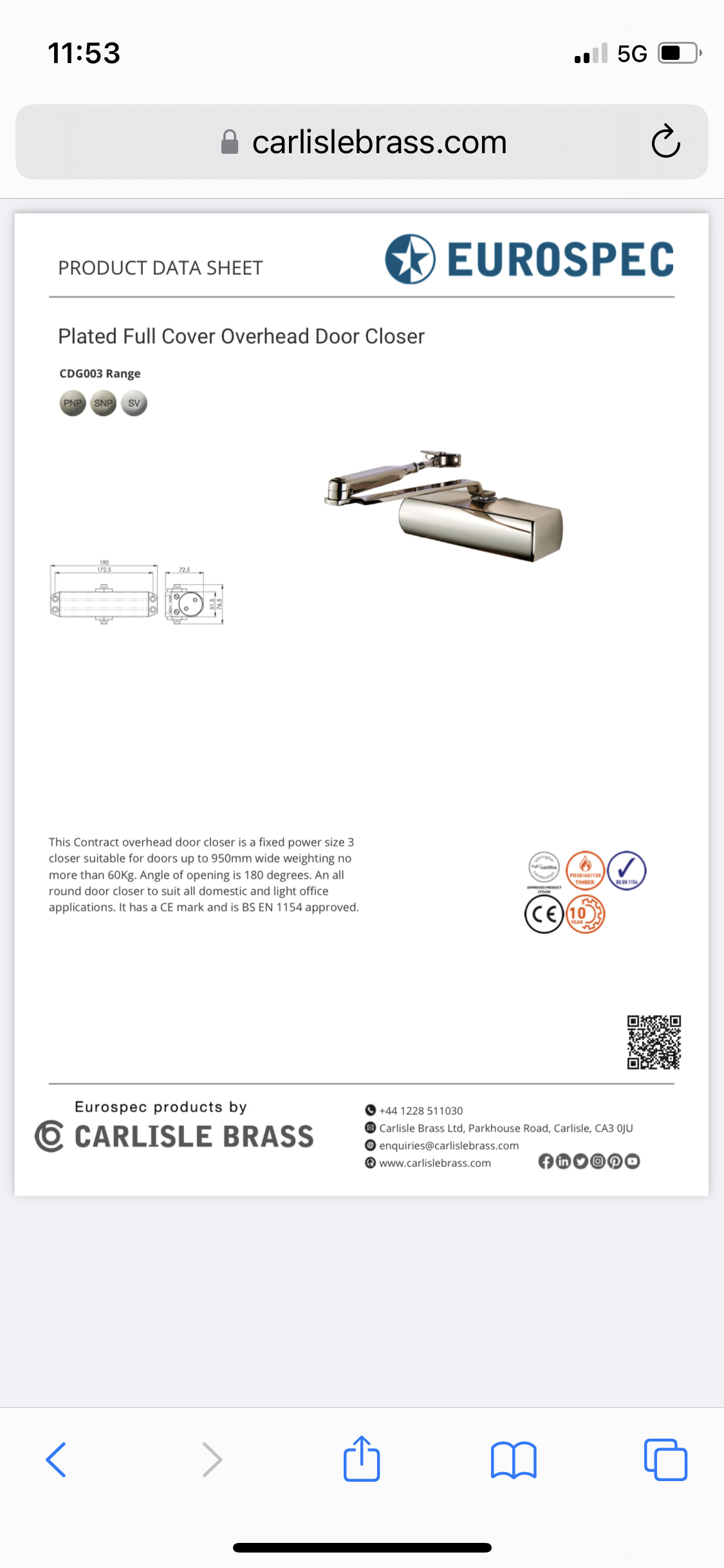 Carlisle CDG003 Contract Fixed size 3 Door Closer CE FD30/60 Silver