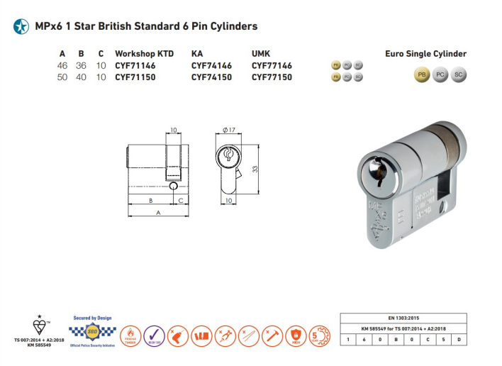 Eurospec MPX6 6 Pin Anti Snap Security Cylinder Satin Chrome Half Cylinder